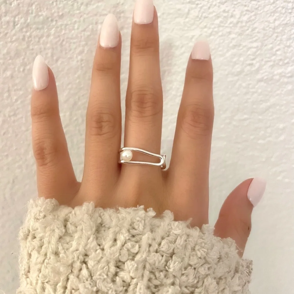 925 Sterling Silver Minimalist Geometric Pearl Ring Dainty Ring Modern Bar Ring